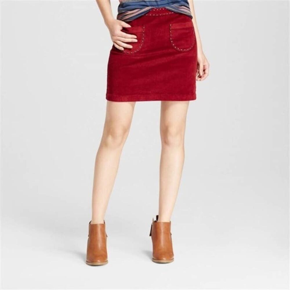 Mossimo Supply Co Faux Suede Studded Burgundy‎ Patch Pocket A Line Mini Skirt